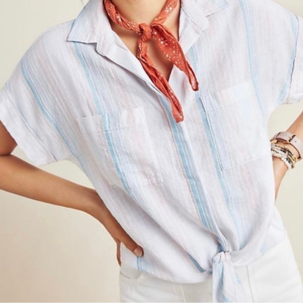 Anthropologie Cloth & Stone Liya Striped Linen Blend Tie Waist Shirt